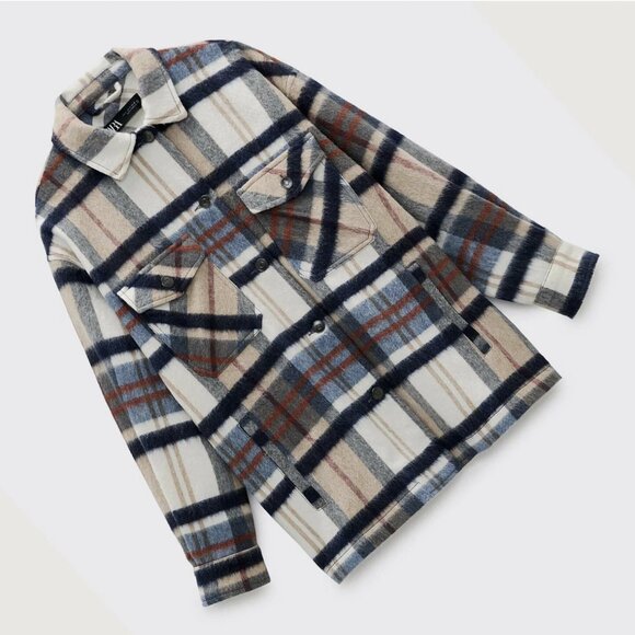 Zara Jackets & Blazers - Zara Wool Blend Check Overshirt - Ecru, Red, Blue